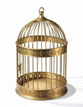 Ornate golden birdcage with decorative bands and finial, isolated