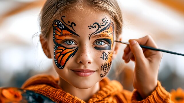 Face painter adding a skull design to a happy child