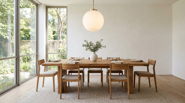 Modern minimalist dining room with wooden furniture and large windows.