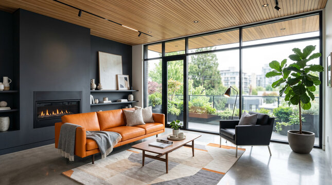Modern luxury living room with orange sofa.