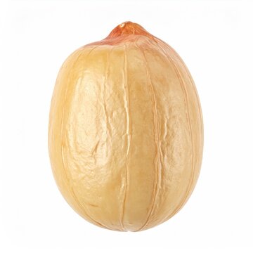 Close-up of a single, large, raw, shelled peanut against a white background