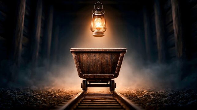Rusted mine cart on rails in a dark timber tunnel with lantern