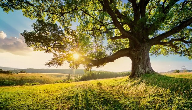 Summer Or Autumn Nature Background Big Old Oak Tree Against Sunlight