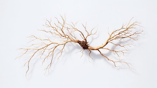 Dry bare plant root system structure isolated on white background.