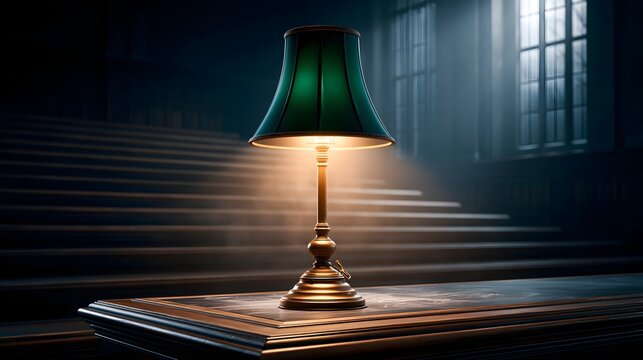 Empty university lecture hall at night with green desk lamp