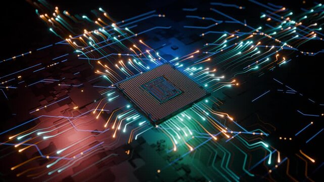 AIチップと電子基板をモチーフにした半導体テクノロジーCGアニメーション
