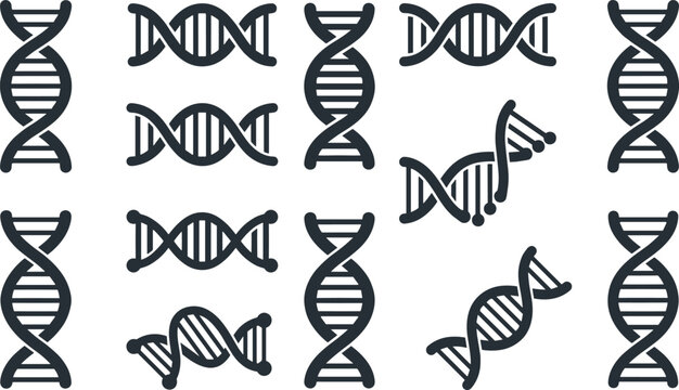 DNA Double Helix Icon Collection with Genetic Molecule, Genome, Biotechnology, and Molecular Biology Symbols for Medical and Science Vector Design