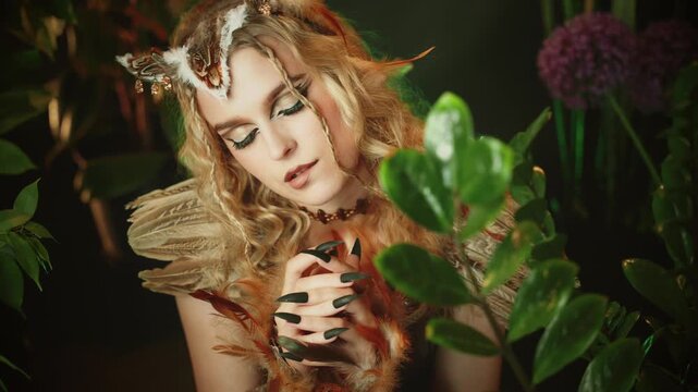 fantasy character fashion model posing in dark night forest grass trees moon light. sharp claws black nails evil gothic fairy woman owl, bird costume. Video sexy face eyes lips fairy tale elf cat girl
