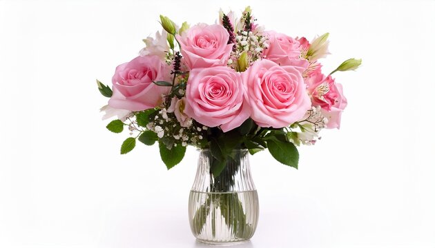 Bouquet Of Pink Roses And Flowers In A Glass Vase Isolated On White Background