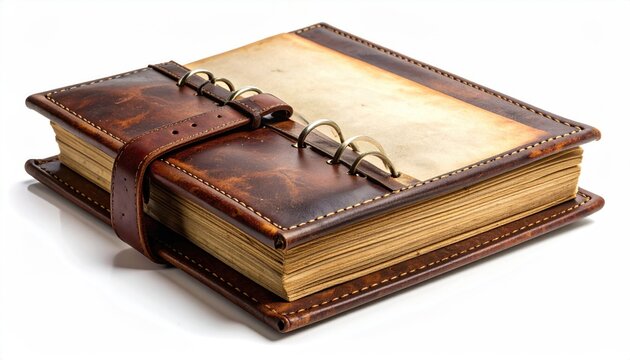 Rustic leather-bound journal with aged paper, secured by a buckle strap