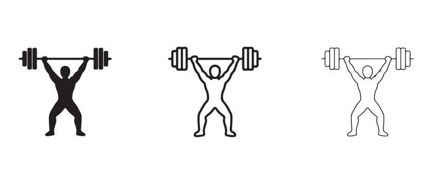 Weightlifter icons lifting dumbbells in different line styles for fitness and exercise concepts  various outline illustrations of a person working out with weights