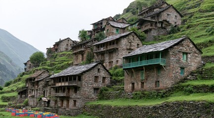 Obraz premium Rustic stone houses with slate roofs nestled on a lush green hillside in a charming village setting