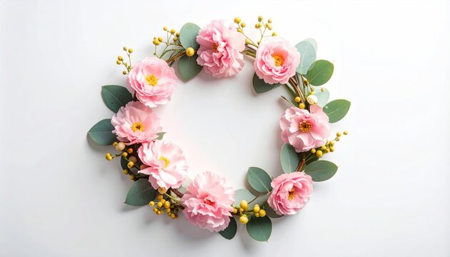 Delicate pink floral wreath with green leaves and yellow berries on white