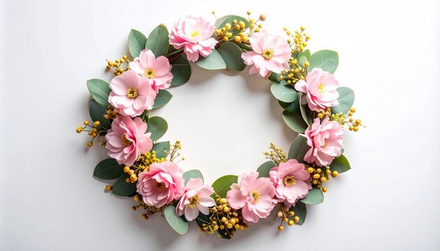 Delicate pink floral wreath with greenery and yellow buds on white