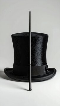 Black velvet top hat with a slender, upright wand balanced on its brim
