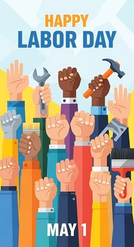Labor Day Celebration with Diverse Hands Holding Tools and Symbols of Work.