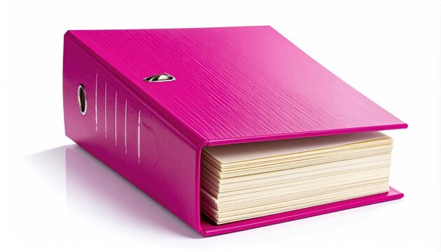 Vibrant pink binder filled with stacked papers on a white background