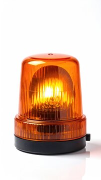 Bright orange warning beacon light with a spinning bulb, isolated