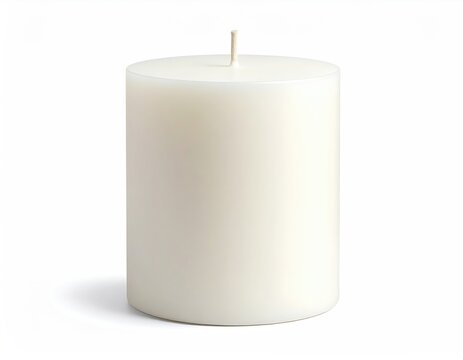 A plain white pillar candle on a white background