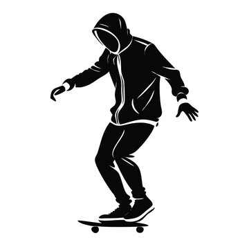 Monochrome silhouette of person, featuring street style. Hooded figure performs trick, urban youth, active movement, dynamic street style. Concept for fashion, apparel branding.