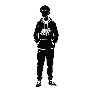Silhouette of stylish graphic sweatshirt worn by young person, standing with hands in pockets. Modern graphic sweatshirt fashion represents urban youth lifestyle and contemporary style.