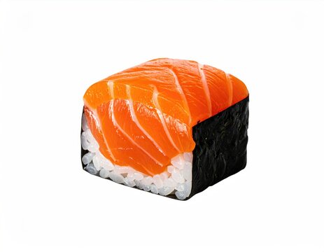 Fresh salmon slice atop seasoned rice and seaweed