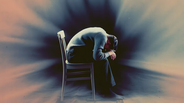 Depressed person sitting hunched forward on a wooden chair holding head in hands, dramatic dark background with exploding light rays, concept of mental illness, despair and sadness