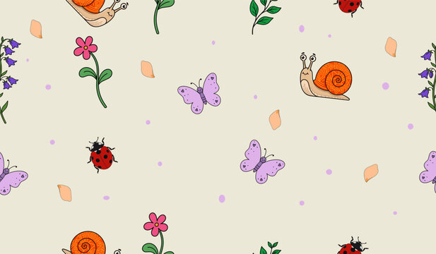 Butterflies, lady bug, snail and Flowers pattern background for Wrapping Paper