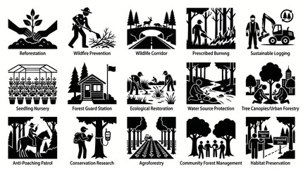 Fototapeta premium Forestry, Environment Nature Conservation Glyph Icons Set. Sustainable Management Black and White Vector Silhouettes.