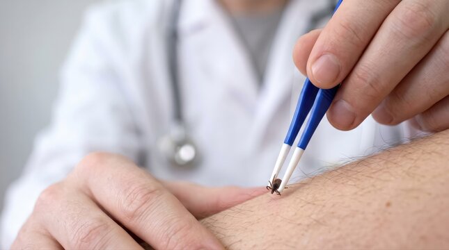 Doctor removing an embedded tick from a patient's arm with tweezers. Crucial for preventing tick-borne diseases, ensuring outdoor health.