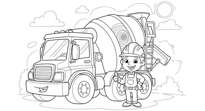 Cute Child with Backpack and Truck Toy in Outdoor Setting.
