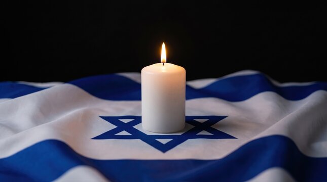 Lit white candle on draped Israeli flag. Symbolizes remembrance, national identity, and spiritual reflection for Jewish solemnity.