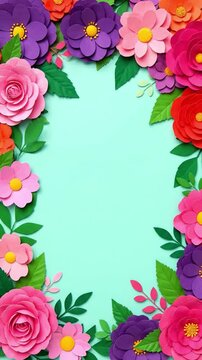 Colorful paper flowers and green leaves growing to form a decorative frame on a mint background
