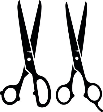 Two professional black silhouettes of sharp hair cutting scissors and barber shears isolated on a plain white background.
