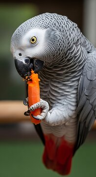 African Grey Parrot Holding Bright Orange Snack.