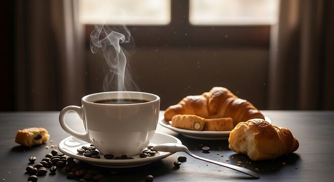 Hot Coffee with Croissants on Wooden Table Morning Scene.