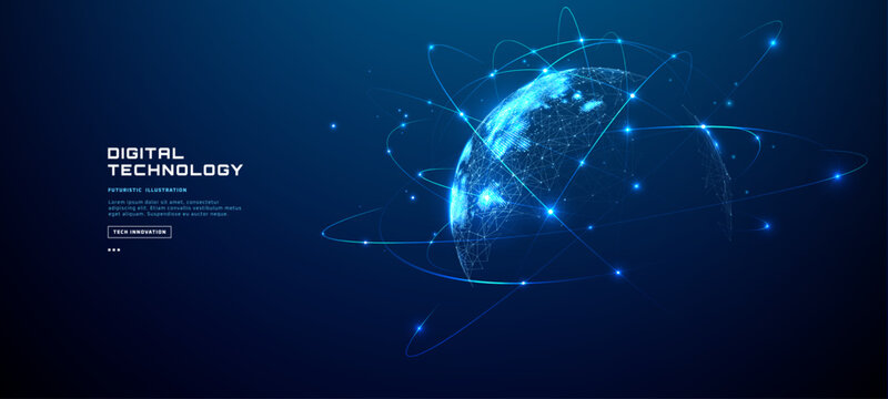 Digital world map with glowing network connections on blue globe surface, featuring orbital lines and illuminated dots in futuristic wireframe design. Global connection concept. Vector illustration.