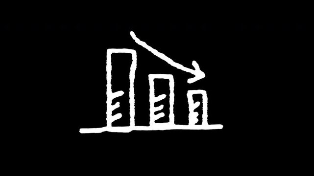 Animation Hand drawing  negatif business grow down  with arrow and drawing rising with bar graphic, suitable negative business, alpha channel only 4k