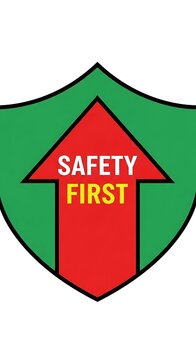 Safety First Shield Emblem with Arrow and Text.