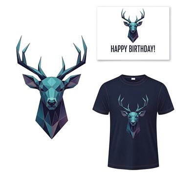 Geometric Deer Head Illustration with Birthday Card and T-Shirt.