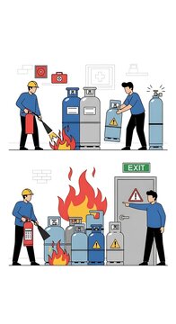 Fire Safety and Emergency Response Illustration Featuring Fire Extinguishers and Fire.