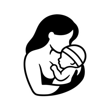 Minimalist Vector Silhouette of Loving Mother Nursing Newborn Baby Wearing Beanie Hat for Lactation Support Concept