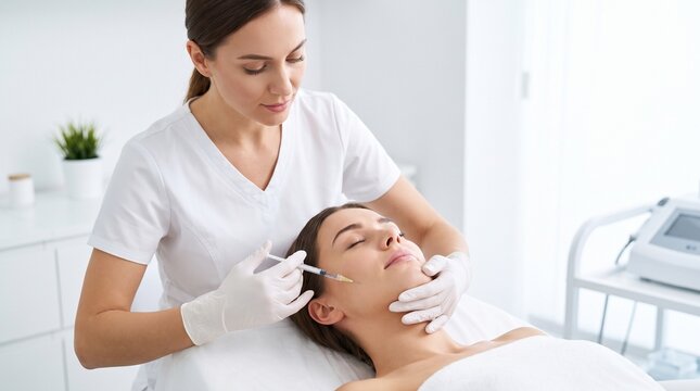 A professional administering a facial treatment to a client. The client is lying down with eyes closed while the professional, wearing gloves, uses a syringe to apply product to her face