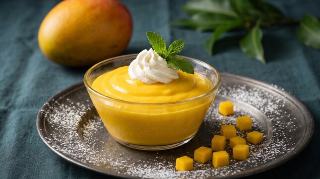 Delicious mango pudding topped with cream and mint, served in a glass bowl with cubed mangoes and sprinkled coconut on a rustic plate
