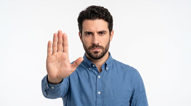 Man showing a stop gesture with his hand and looking seriously at the camera. The background is plain white.