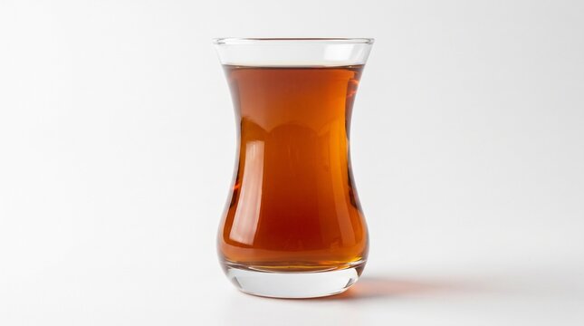 A close-up shot of a Turkish tea glass filled with dark amber tea. The glass is elegantly shaped, with a wide bottom that tapers inward and then flares out slightly at the top.