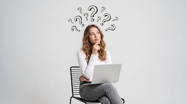 A young woman sitting and working on her laptop, surrounded by question marks, indicating deep thought or confusion
