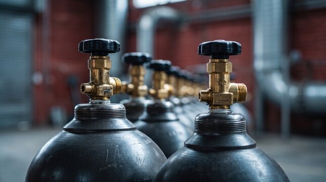 Rows of industrial gas cylinders with black knobs lined up in a factory setting
