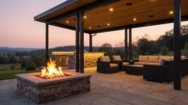 A luxurious outdoor living space with a fire pit and seating area under a covered patio, overlooking a scenic landscape at twilight
