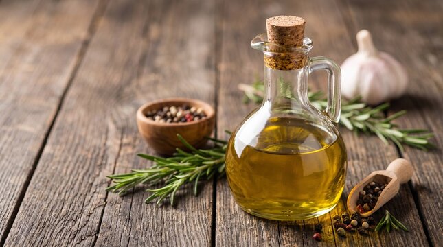 Olive oil with herbs and spices on a wooden table, ready for cooking.